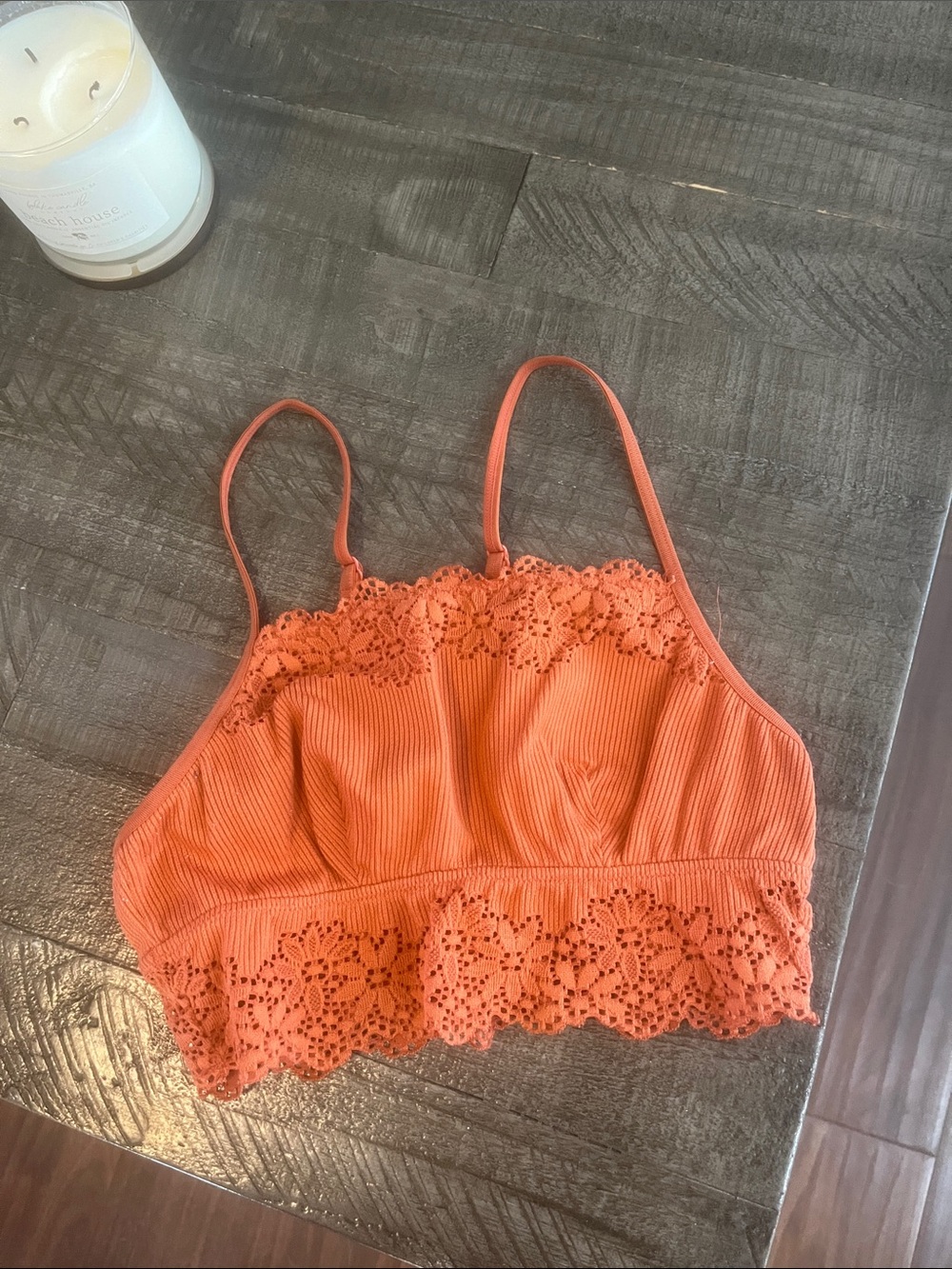 Aerie Lace-Trim Ribbed Bralette in Coral Orange